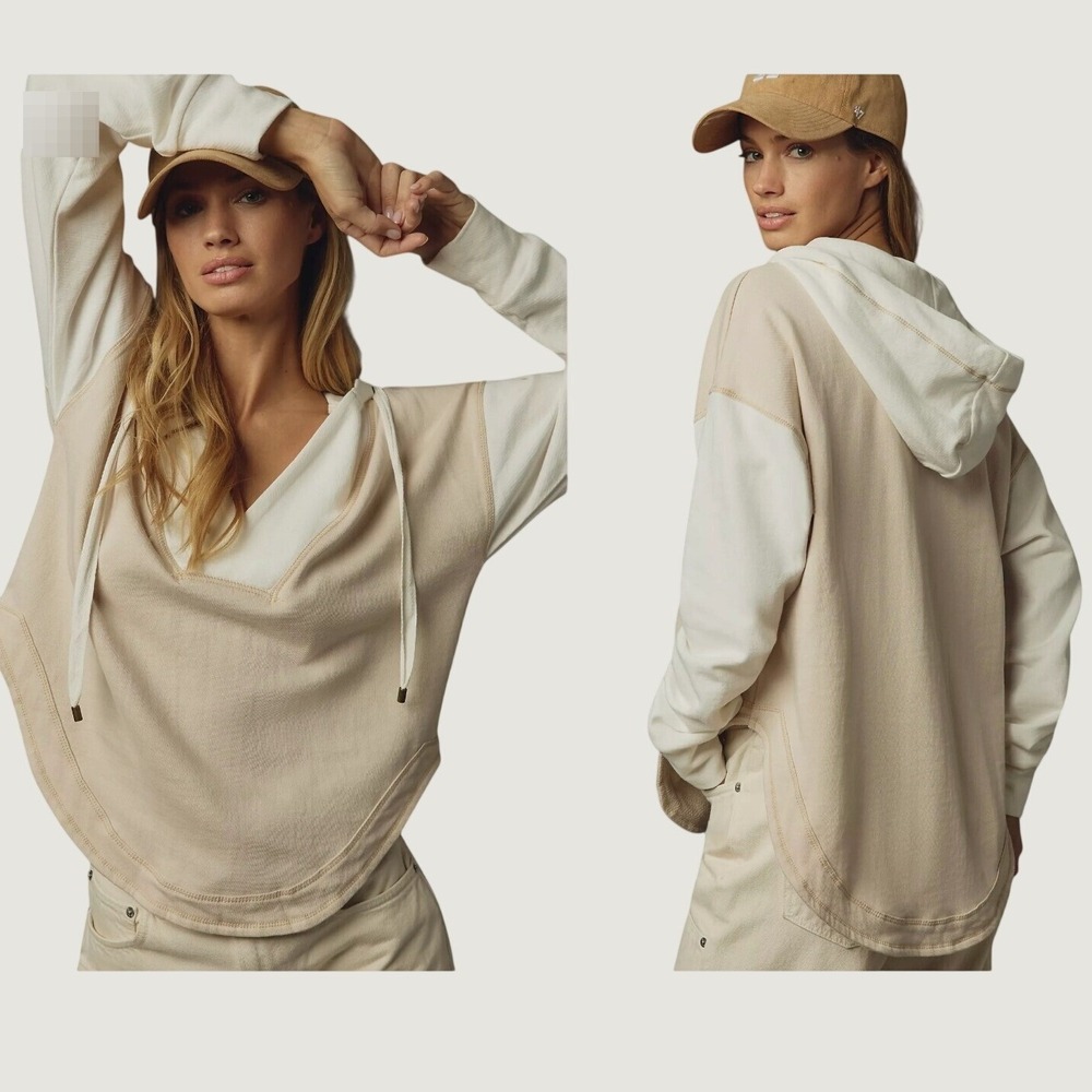 Pilcro Wharfside Hooded Sweatshirt Colorblock Tan White Size Medium Terrycloth